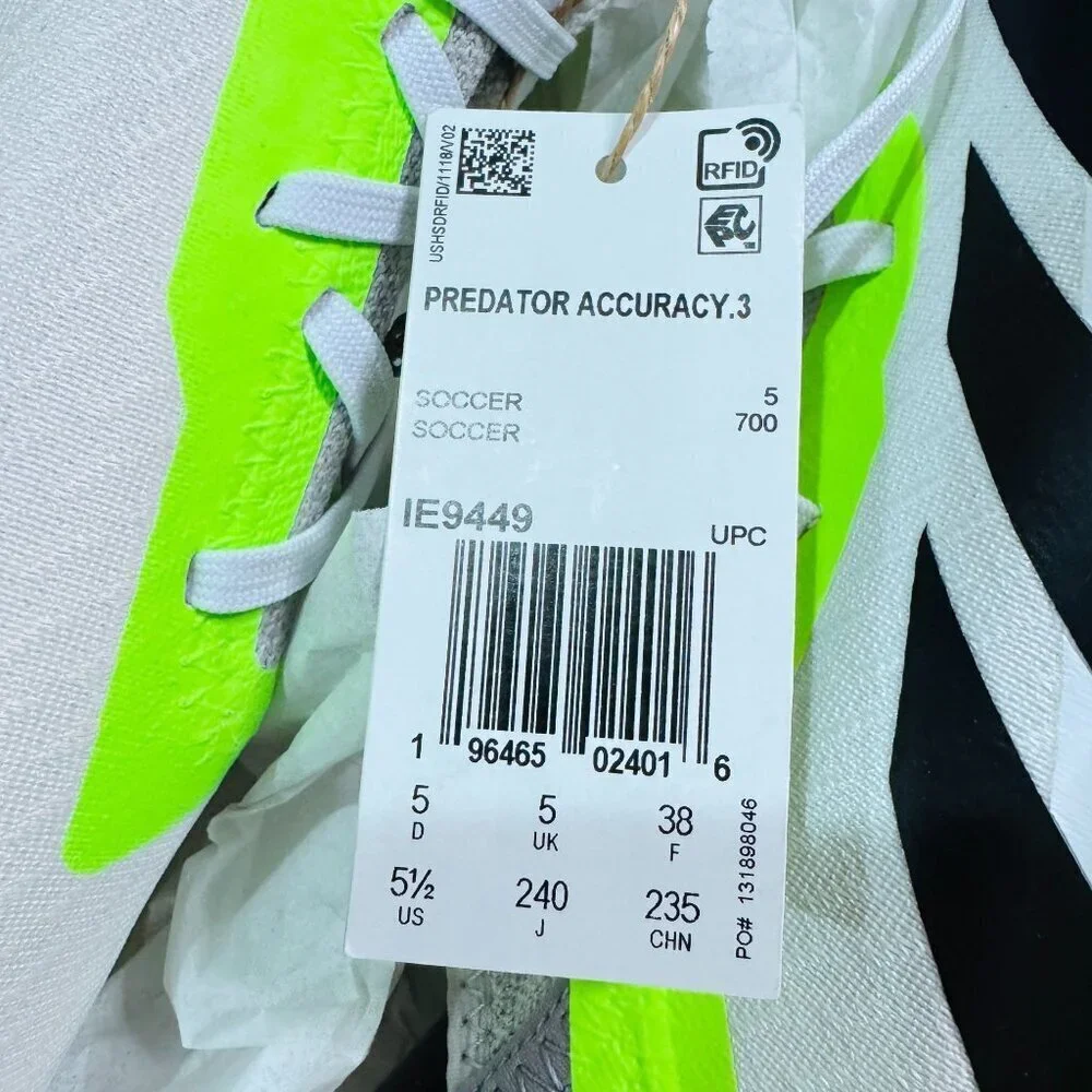 NWT Adidas Predator Accuracy.3 IN J White/Black/Lime Youth 5.5 MSRP $95